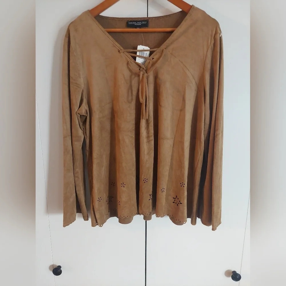 Vintage Boho Faux Suede Scalloped hem blouse top Festival Western Hippie size 2X